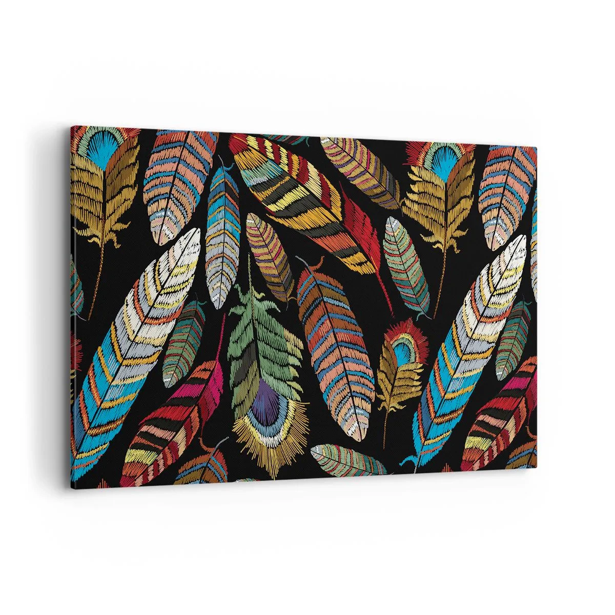 Quadro su tela - Stampe su Tela - Piume colorate su sfondo nero - 120x80cm - Il carnevale degli uccelli - Decorazione murale moderna per soggiorno e camera da letto ARTTOR