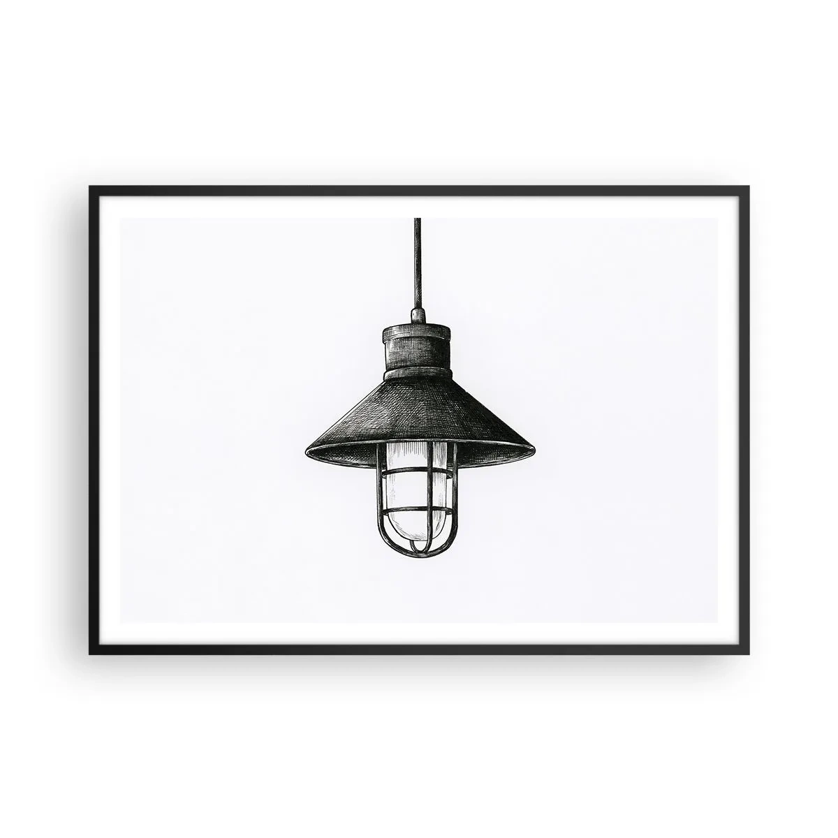 Poster in cornice nera - Disegno di una lampada a sospensione retrò su sfondo bianco - 100x70cm - Come tanti anni fa... - Decorazione murale moderna per soggiorno e camera da letto ARTTOR