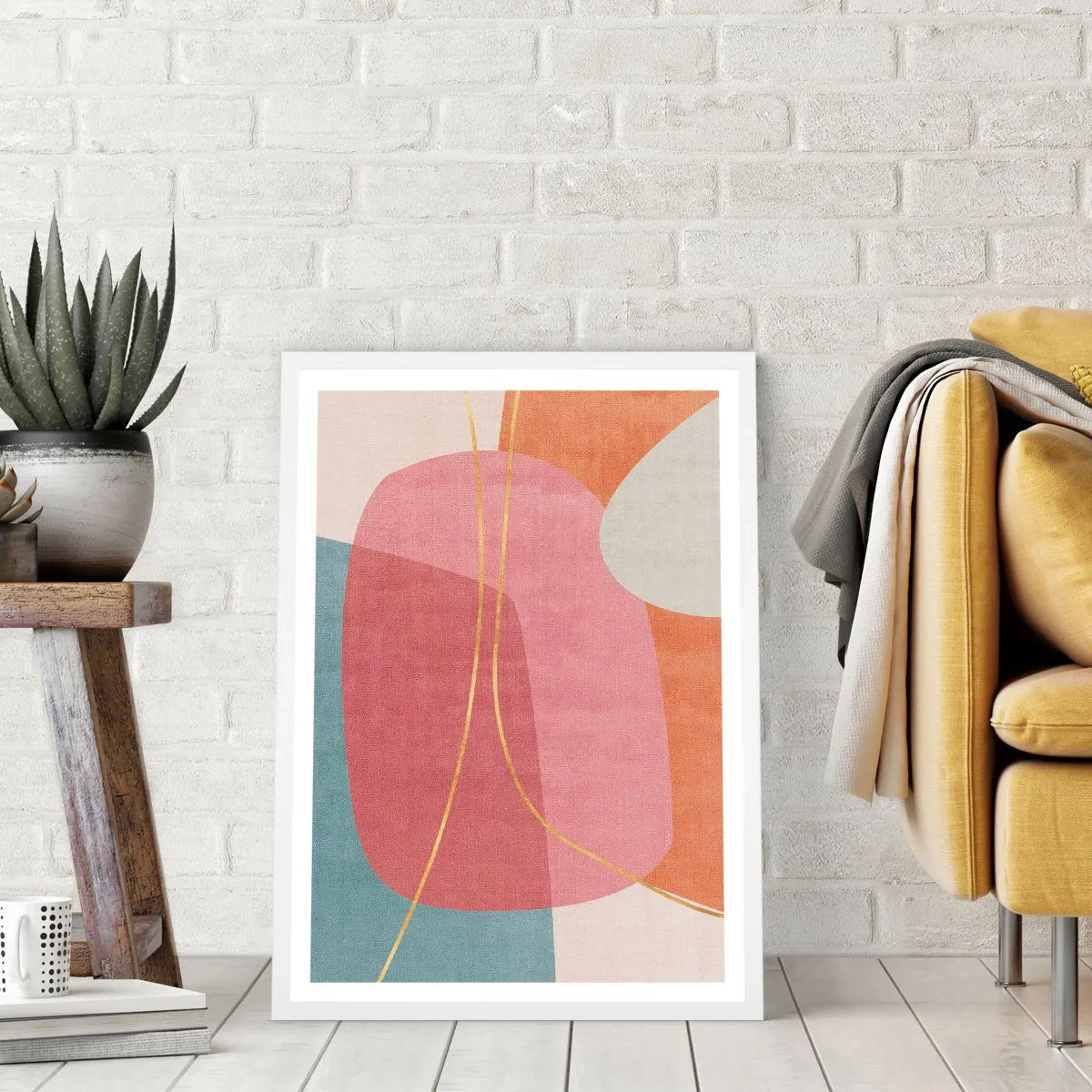 Poster in cornice bianca - Composizione pastello con filo dorato - 50x70 cm