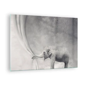 Quadro su vetro - Un elefante in un ambiente surreale con una tenda - 70x50cm - Svelare il mistero - Decorazione murale moderna per soggiorno e camera da letto ARTTOR