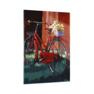 Quadro su vetro - Una bicicletta rossa con fiori davanti a un edificio rosso - 50x70cm - I want to ride my bicycle - Decorazione murale moderna per soggiorno e camera da letto ARTTOR