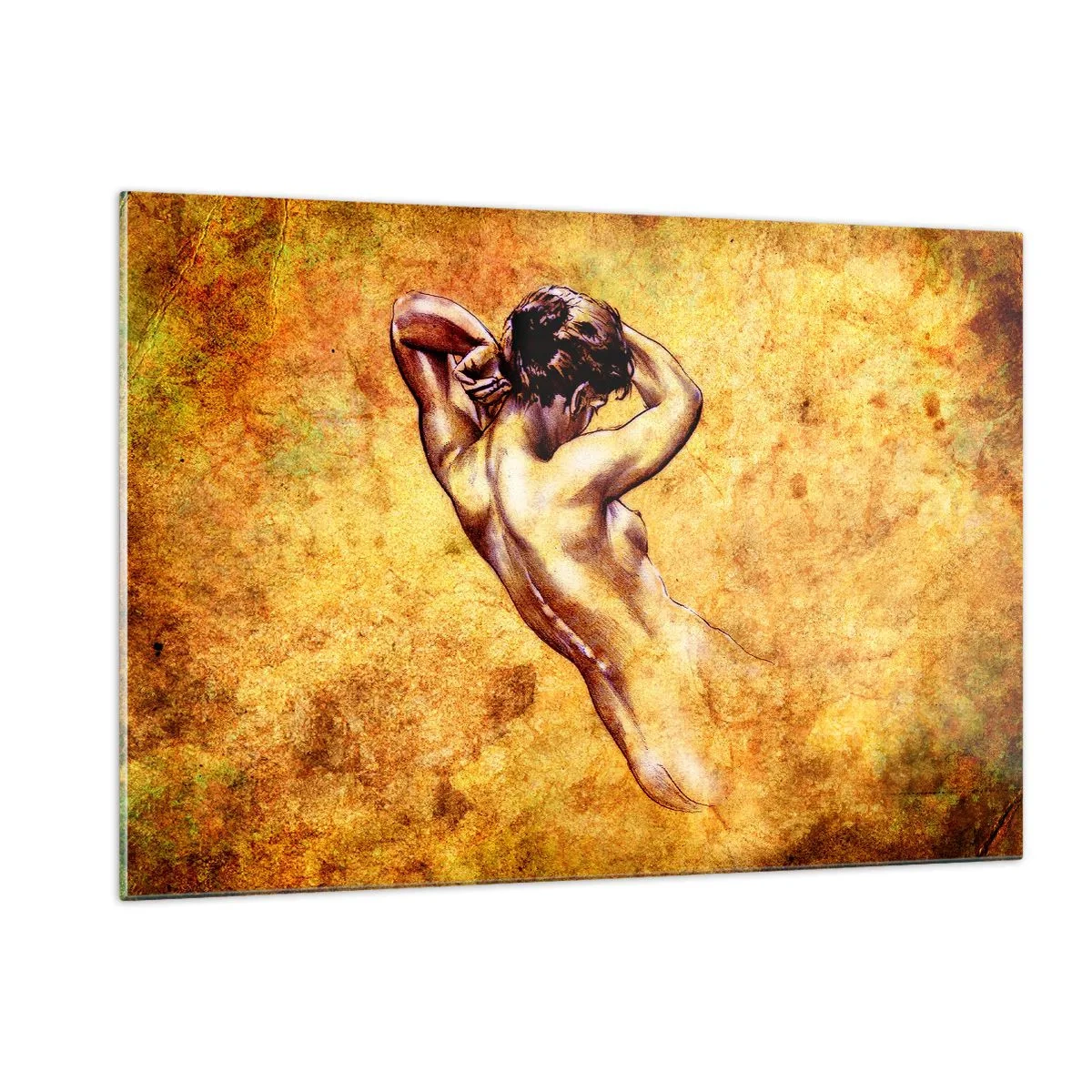 Quadro su vetro - Figura artistica di un uomo su uno sfondo d'epoca - 120x80cm - Nuda, ma sempre misteriosa - Decorazione murale moderna per soggiorno e camera da letto ARTTOR