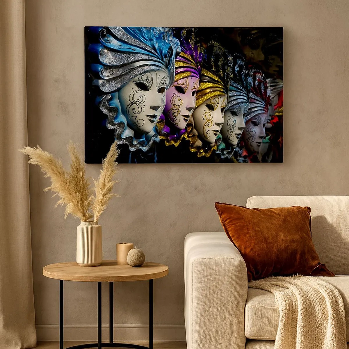 Quadro su tela - Stampe su Tela - Maschere veneziane in vari colori con motivi decorativi - 70x50cm - Mistero in oro e argento - Decorazione murale moderna per soggiorno e camera da letto ARTTOR