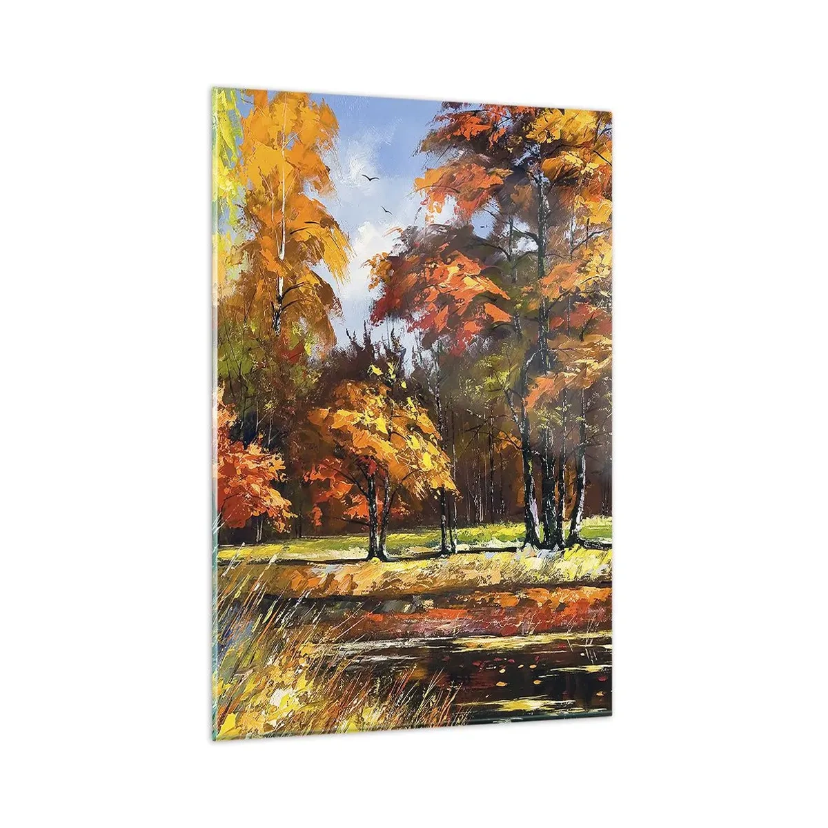 Quadro su vetro - Paesaggio autunnale con alberi colorati e uno stagno - 80x120cm - Paesaggio in oro e marrone - Decorazione murale moderna per soggiorno e camera da letto ARTTOR