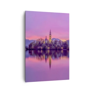 Quadro su tela - Stampe su Tela - Lago con un'isola e una chiesa al tramonto - 70x100cm - Isola favolosa al crepuscolo - Decorazione murale moderna per soggiorno e camera da letto ARTTOR