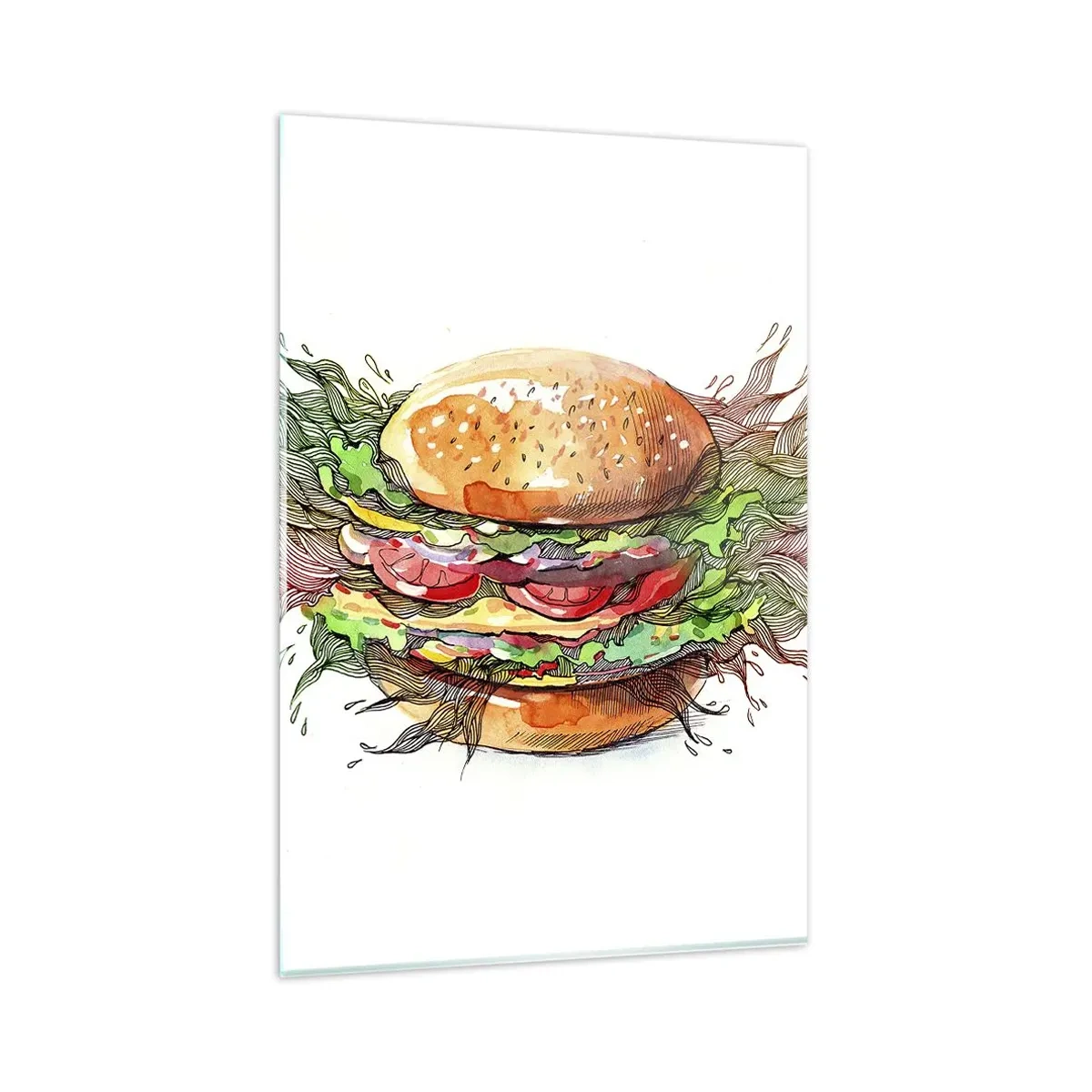 Quadro su vetro - Illustrazione artistica di un hamburger con elementi dinamici - 80x120cm - Una tentazione calda - Decorazione murale moderna per soggiorno e camera da letto ARTTOR