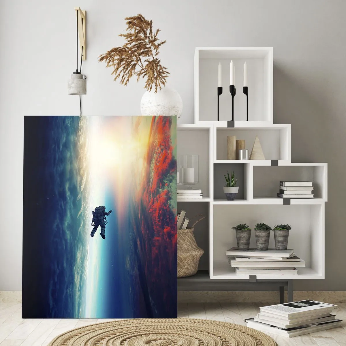 Quadro su vetro - Un astronauta che fluttua nello spazio sopra una Terra colorata - 70x100cm - Affrontando l'universo - Decorazione murale moderna per soggiorno e camera da letto ARTTOR
