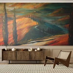 Fotomurali Premium Canvas - Paesaggio toscano con campi, strada e cipressi - 100x70cm - Paesaggio toscano - Decorazione murale moderna per soggiorno e camera da letto ARTTOR