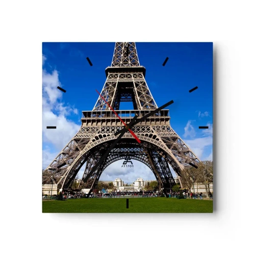 Orologio da parete - Orologio in Vetro - La Torre Eiffel sullo sfondo di un cielo azzurro e di un parco verde - 30x30cm - Tutta Parigi ai suoi piedi - Decorazione murale moderna per soggiorno e camera da letto ARTTOR
