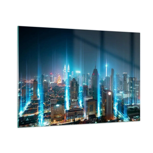 Quadro su vetro - Una città notturna con alti edifici e fasci di luce - 100x70cm - Da Berlino al cielo - Decorazione murale moderna per soggiorno e camera da letto ARTTOR