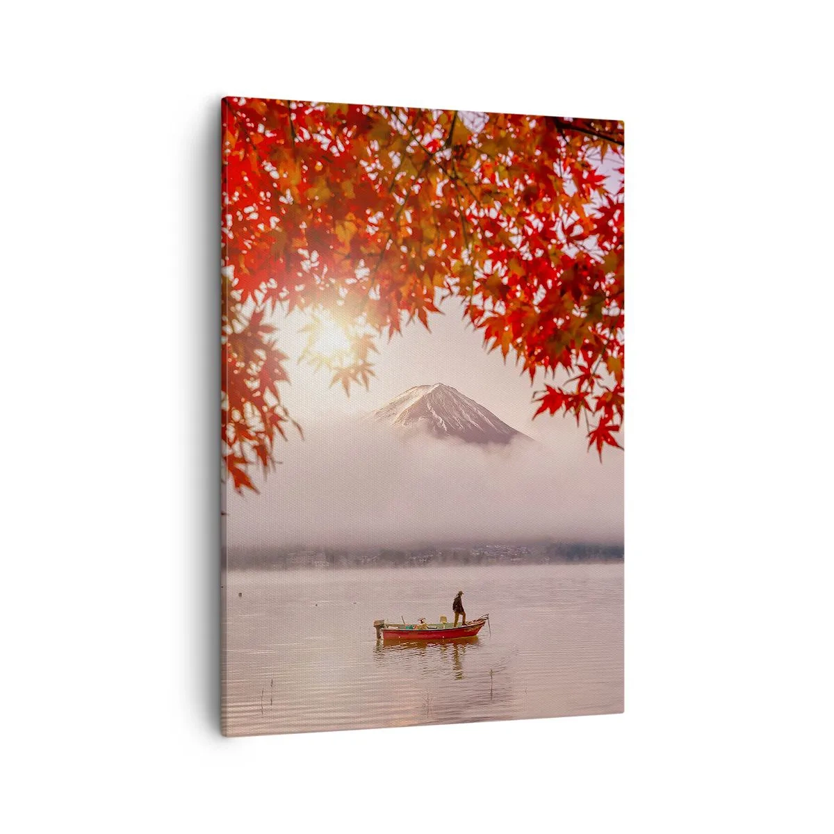 Quadro su tela - Stampe su Tela - Una barca su un lago circondata da foglie di acero rosso - 50x70cm - Nell'atmosfera del Giappone - Decorazione murale moderna per soggiorno e camera da letto ARTTOR