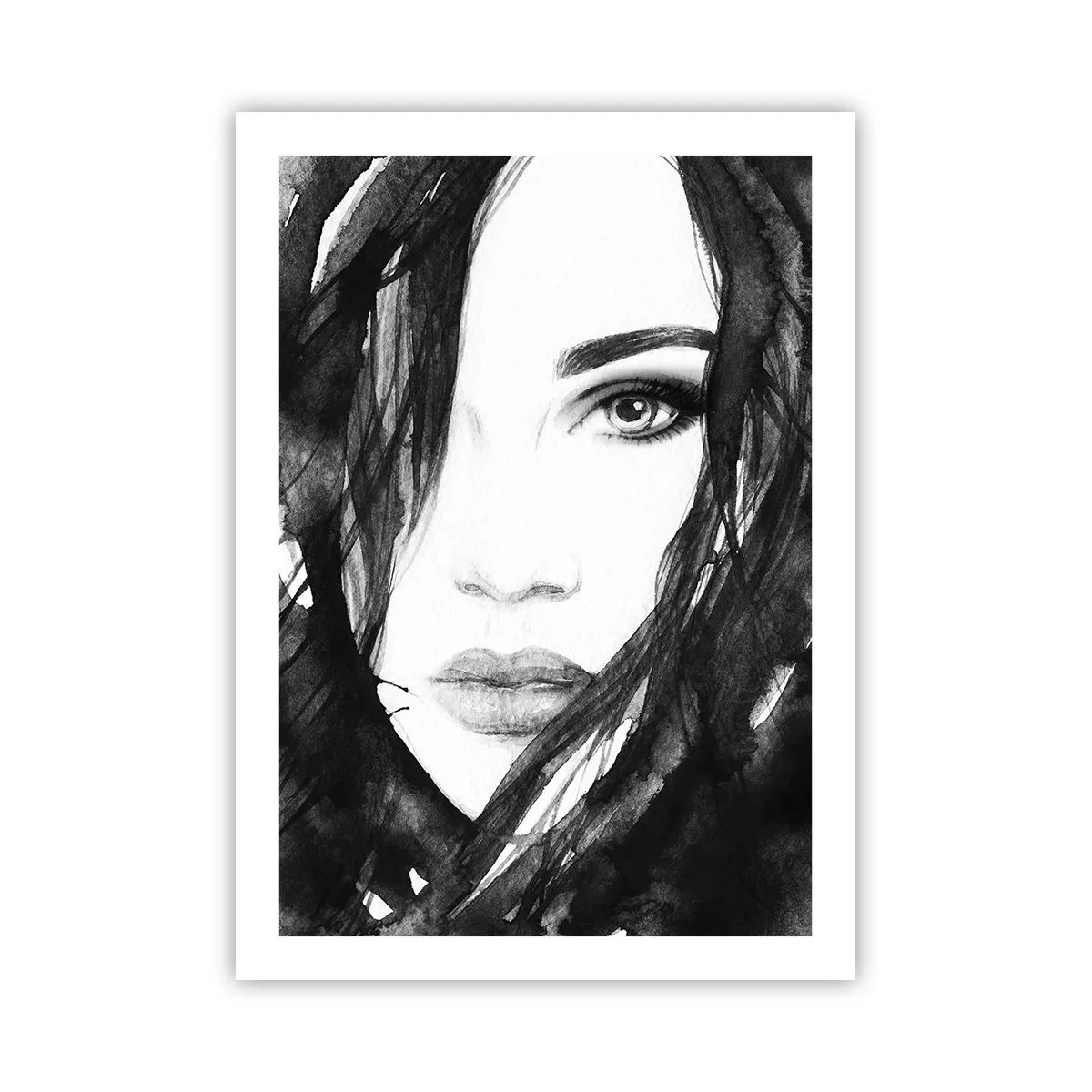 Poster - Acquerello in bianco e nero del volto di una donna - 50x70cm - Ritratto di donna in bianco e nero - Decorazione murale moderna per soggiorno e camera da letto ARTTOR