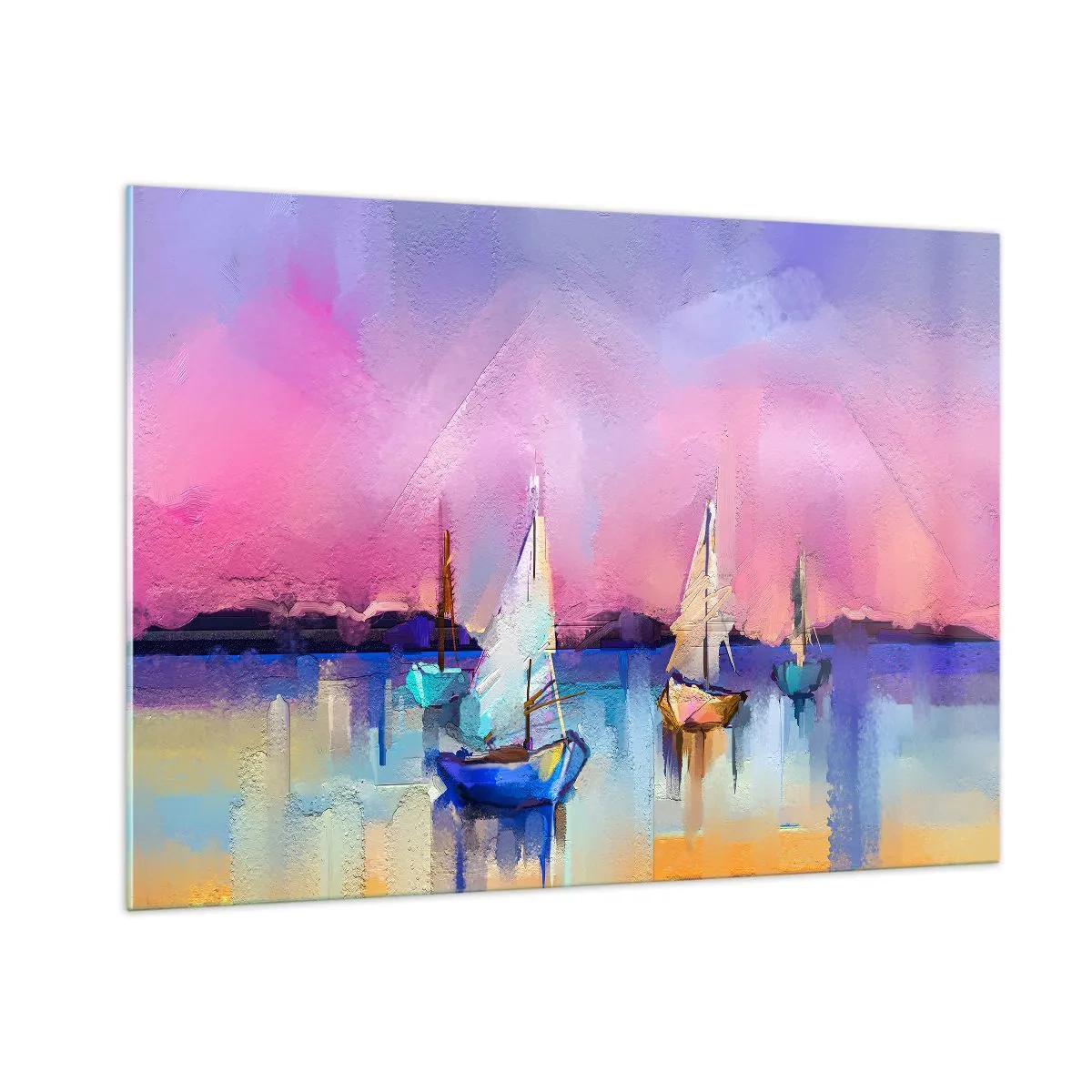 Quadro su vetro - Marina astratta con barche a vela al tramonto - 100x70cm - Direzione: mare aperto - Decorazione murale moderna per soggiorno e camera da letto ARTTOR