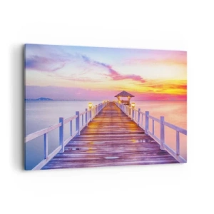 Quadro su tela - Stampe su Tela - Un molo sull'acqua al tramonto in colori pastello - 120x80cm - Silenzio della sera in lilla e oro - Decorazione murale moderna per soggiorno e camera da letto ARTTOR