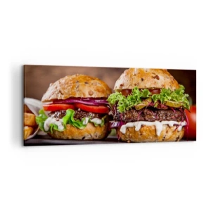 Quadro su tela - Stampe su Tela - Appetitosi hamburger con verdure e salsa - 120x50cm - American dream - Decorazione murale moderna per soggiorno e camera da letto ARTTOR