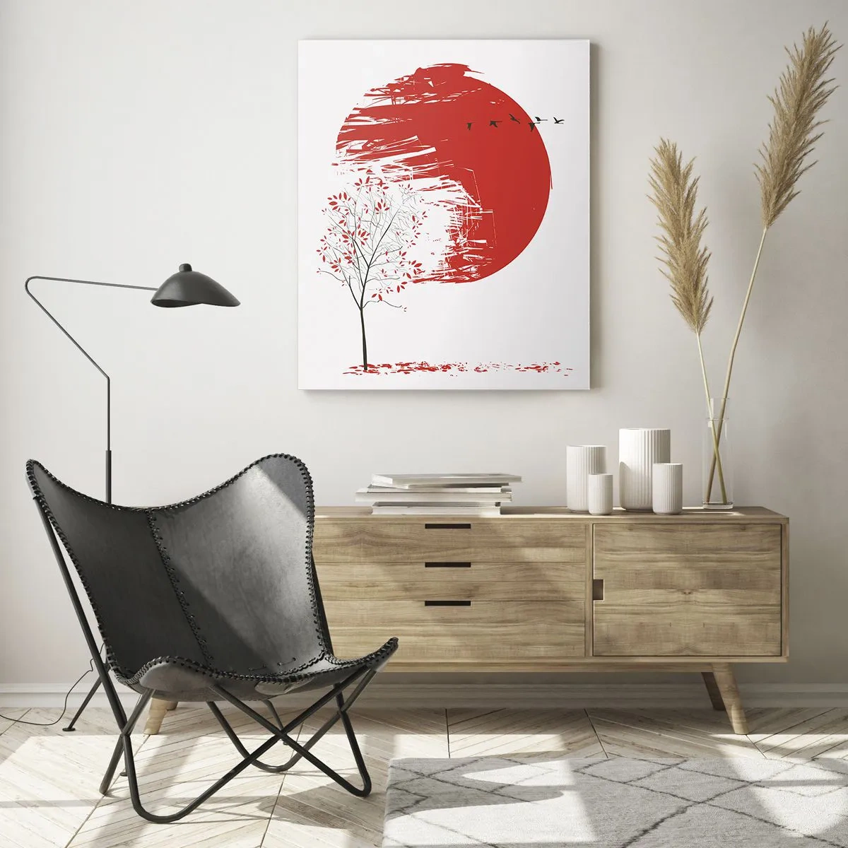 Quadro su vetro - Cerchio rosso e albero in stile giapponese - 70x100cm - Conosci questo paese? - Decorazione murale moderna per soggiorno e camera da letto ARTTOR