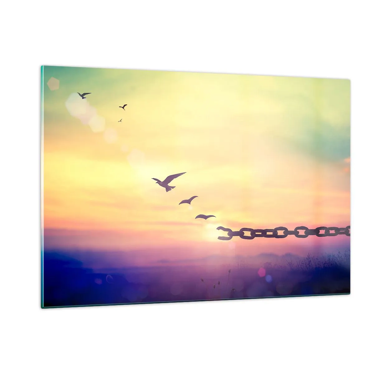 Quadro su vetro - Uccelli in volo sullo sfondo di una catena e di un tramonto - 120x80cm - La vittoria della libertà - Decorazione murale moderna per soggiorno e camera da letto ARTTOR