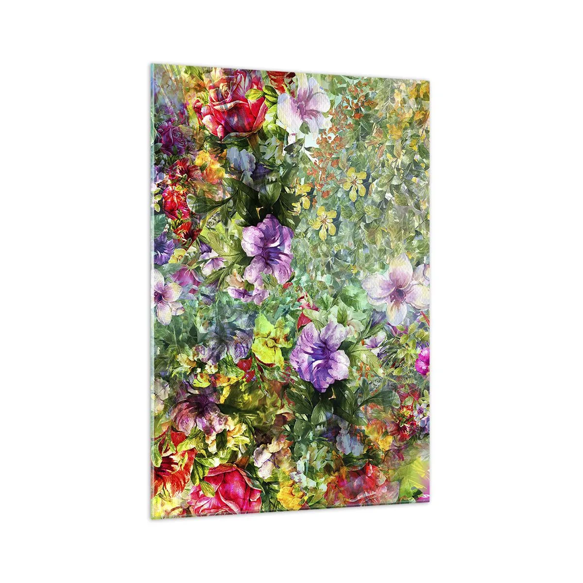 Quadro su vetro - Una composizione floreale colorata su uno sfondo verde - 70x100cm - Perdersi nei fiori - Decorazione murale moderna per soggiorno e camera da letto ARTTOR