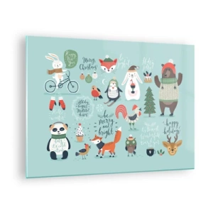 Quadro su vetro - Illustrazioni di animali natalizi su sfondo pastello - 70x50cm - Che sia sempre festa! - Decorazione murale moderna per soggiorno e camera da letto ARTTOR