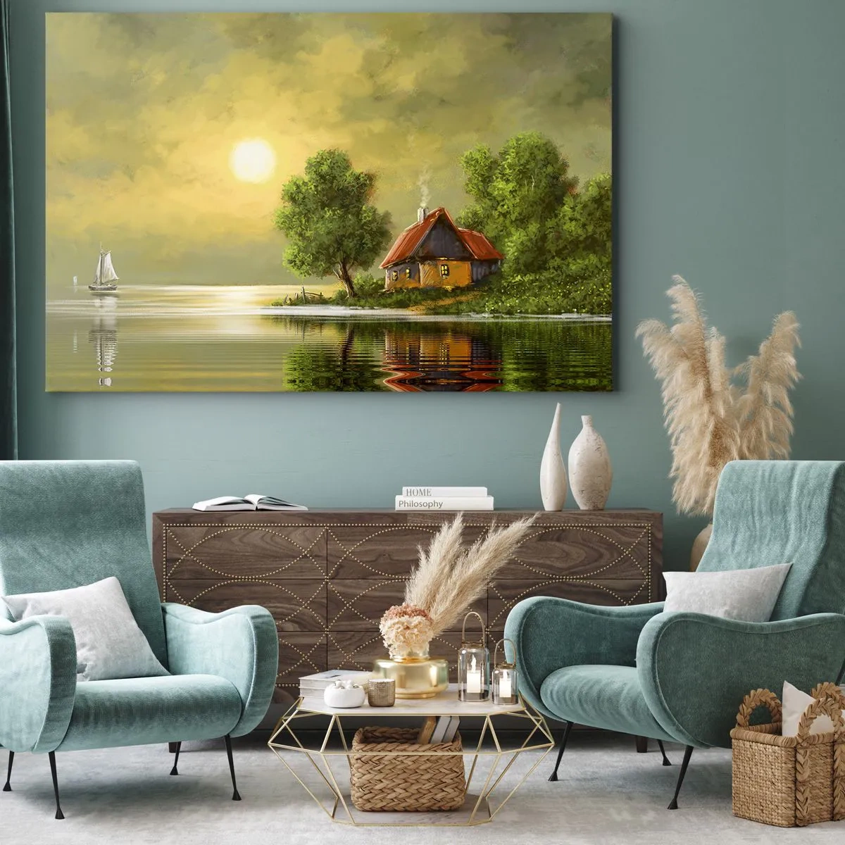 Quadro su tela - Stampe su Tela - Casa sul lago alla luce del tramonto - 100x70cm - Bello come un quadro - Decorazione murale moderna per soggiorno e camera da letto ARTTOR