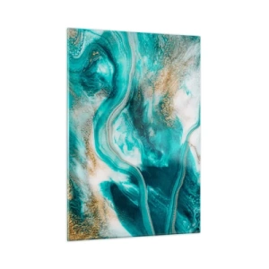 Quadro su vetro - Una composizione astratta in turchese con accenti dorati. - 50x70cm - Il fiume d'oro - Decorazione murale moderna per soggiorno e camera da letto ARTTOR
