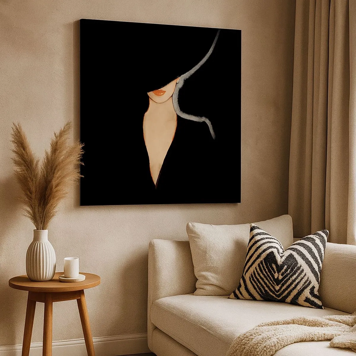 Quadro su tela - Stampe su Tela - Silhouette di una donna con un cappello su uno sfondo nero - 70x50cm - Eleganza e stile - Decorazione murale moderna per soggiorno e camera da letto ARTTOR
