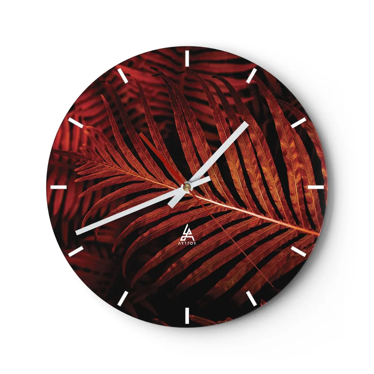 Orologio da parete - Orologio in Vetro - Foglie rosso-arancio di una pianta tropicale su uno sfondo scuro - 30x30cm - Il calore della vita - Decorazione murale moderna per soggiorno, cucina e camera da letto ARTTOR