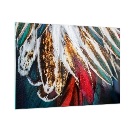 Quadro su vetro - Piume colorate in una ricca tavolozza di colori con una consistenza distinta - 100x70cm - I misteri del volo - Decorazione murale moderna per soggiorno e camera da letto ARTTOR