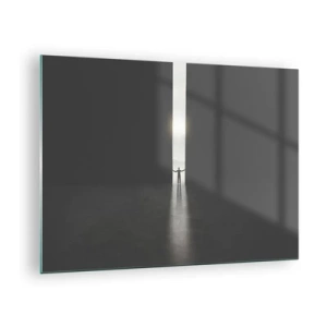 Quadro su vetro - Sagoma di un uomo che apre una porta verso una luce intensa - 70x50cm - Un passo verso un chiaro futuro - Decorazione murale moderna per soggiorno e camera da letto ARTTOR
