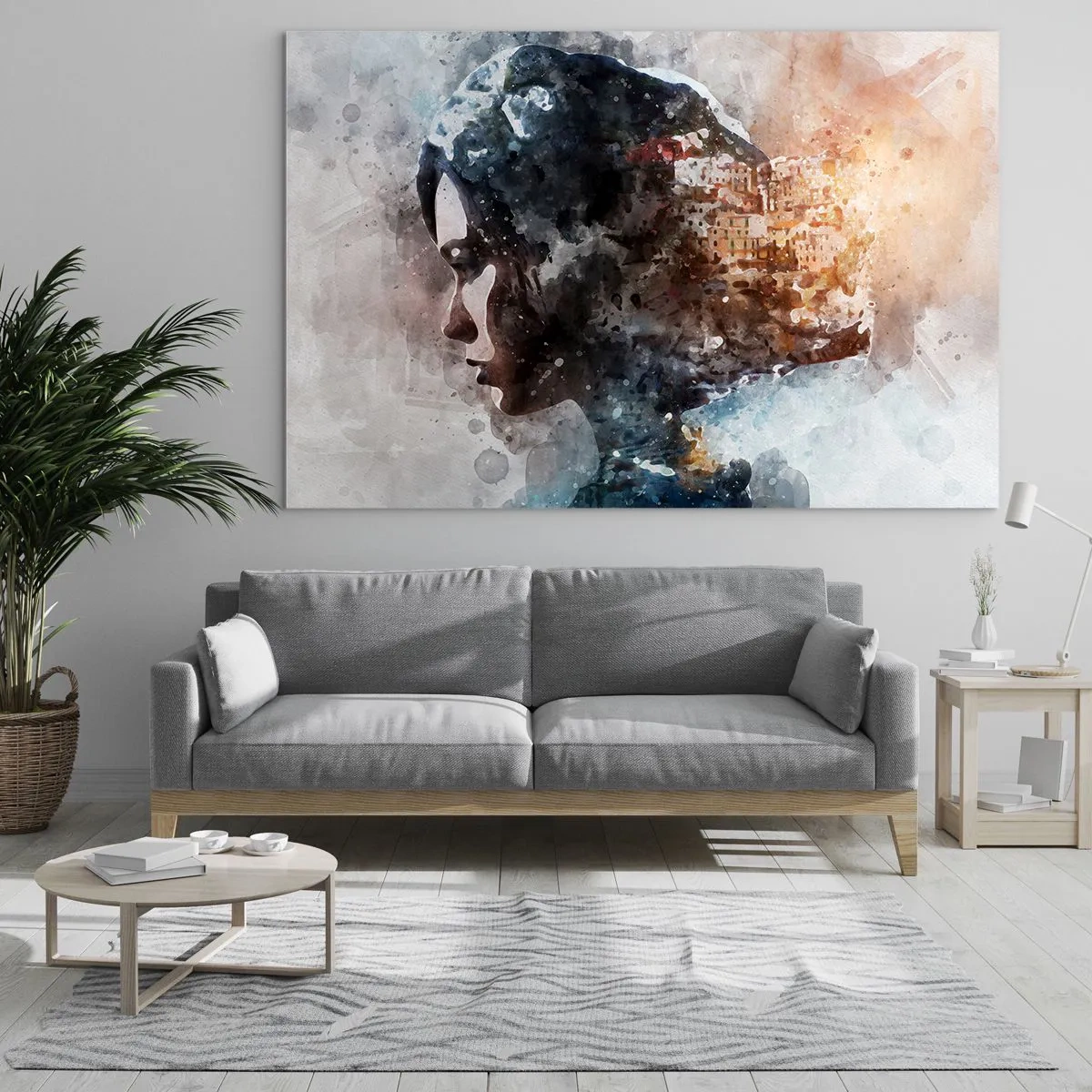 Quadro su vetro - Profilo di una donna in stile acquerello con una città sullo sfondo. - 100x70cm - Racconto su una ragazza con città sullo sfondo - Decorazione murale moderna per soggiorno e camera da letto ARTTOR