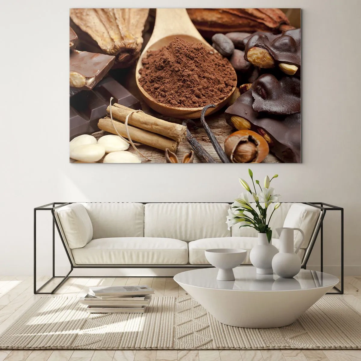 Quadro su vetro - Un cucchiaio di cacao circondato da cioccolato, spezie e noci - 100x70cm - Ideale per i momenti di tristezza - Decorazione murale moderna per soggiorno e camera da letto ARTTOR