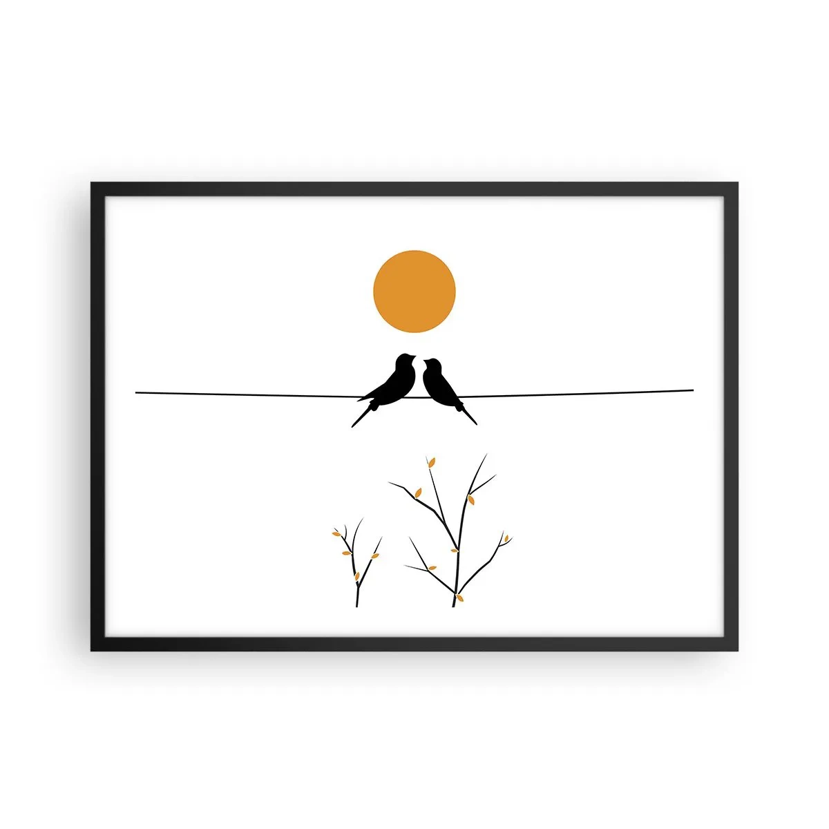 Poster in cornice nera - Uccelli su una linea con un sole giallo - 70x50cm - Sera da usignoli - Decorazione murale moderna per soggiorno e camera da letto ARTTOR