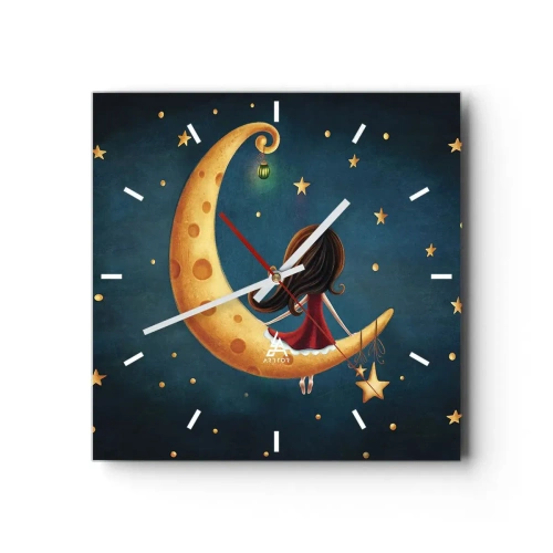 Orologio da parete - Orologio in Vetro - Una ragazza sulla luna circondata dalle stelle - 30x30cm - Una volta... - Decorazione murale moderna per soggiorno e camera da letto ARTTOR
