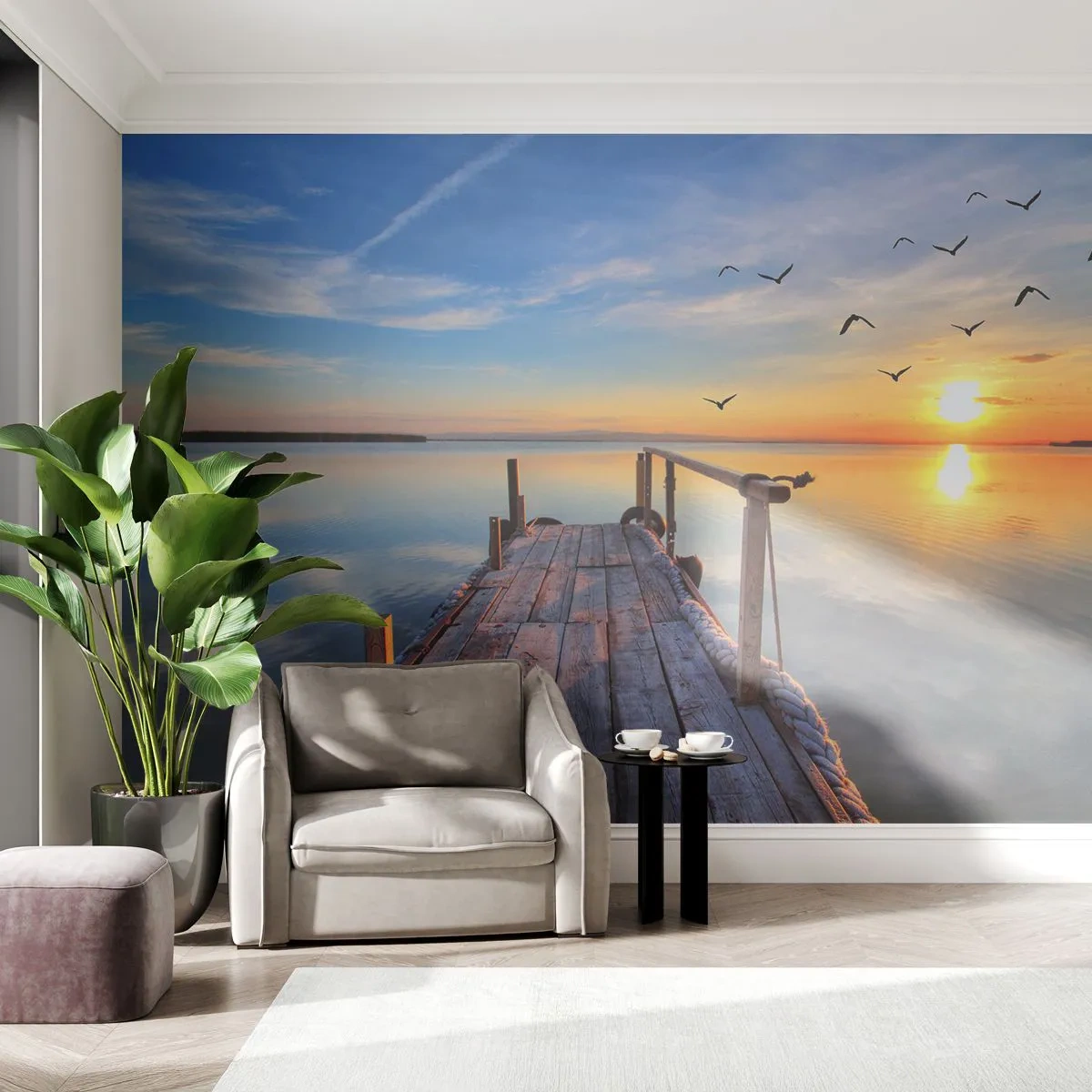 Fotomurali Premium Sand - Camminando verso il sole - Paesaggio, Lago, Ponte di Legno - 350x256 cm
