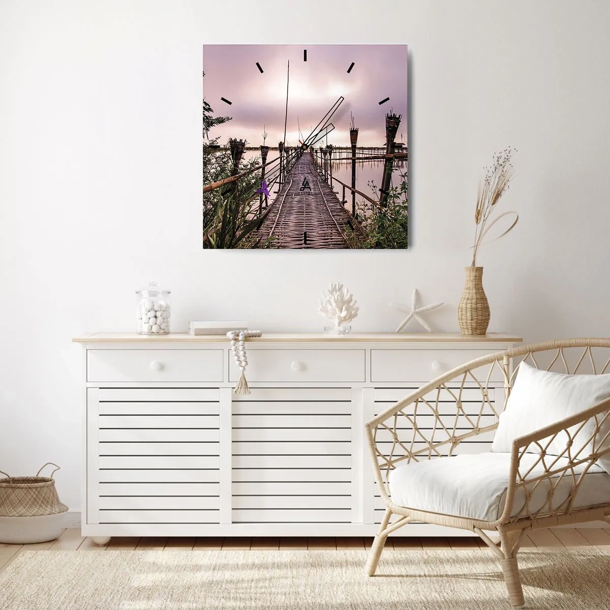 Orologio da parete - Orologio in Vetro - Ponte di bambù sull'acqua all'alba - 30x30cm - Pace e silenzio dell'Asia - Decorazione murale moderna per soggiorno e camera da letto ARTTOR