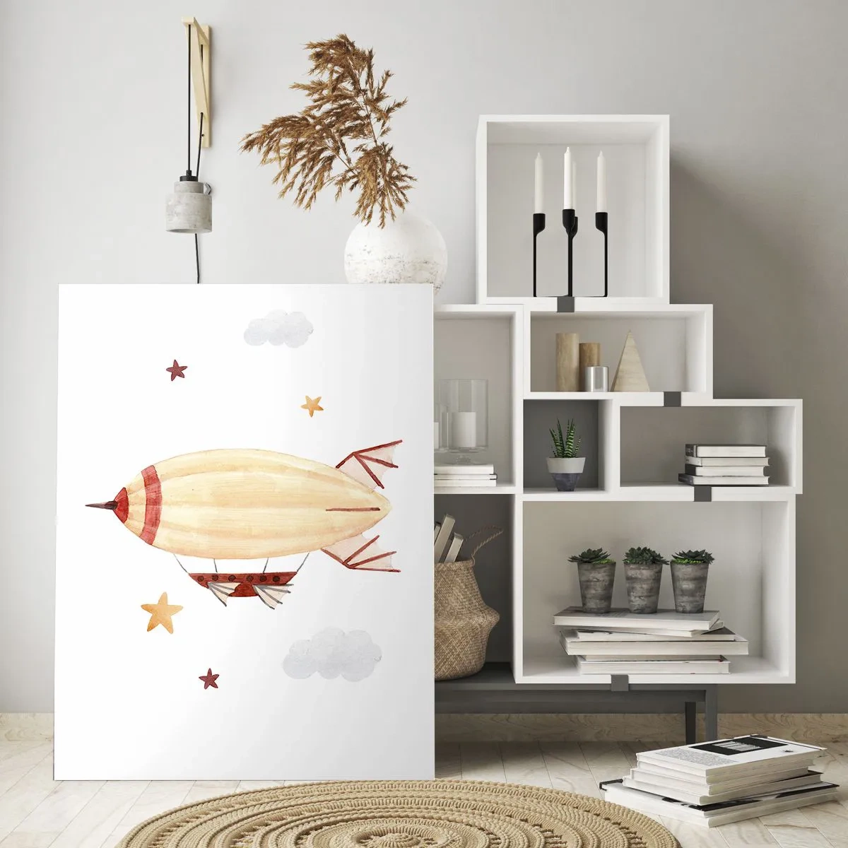 Quadro su vetro - Un dirigibile dei cartoni animati tra le stelle su uno sfondo bianco - 50x70cm - Nave volante - Decorazione murale moderna per soggiorno e camera da letto ARTTOR
