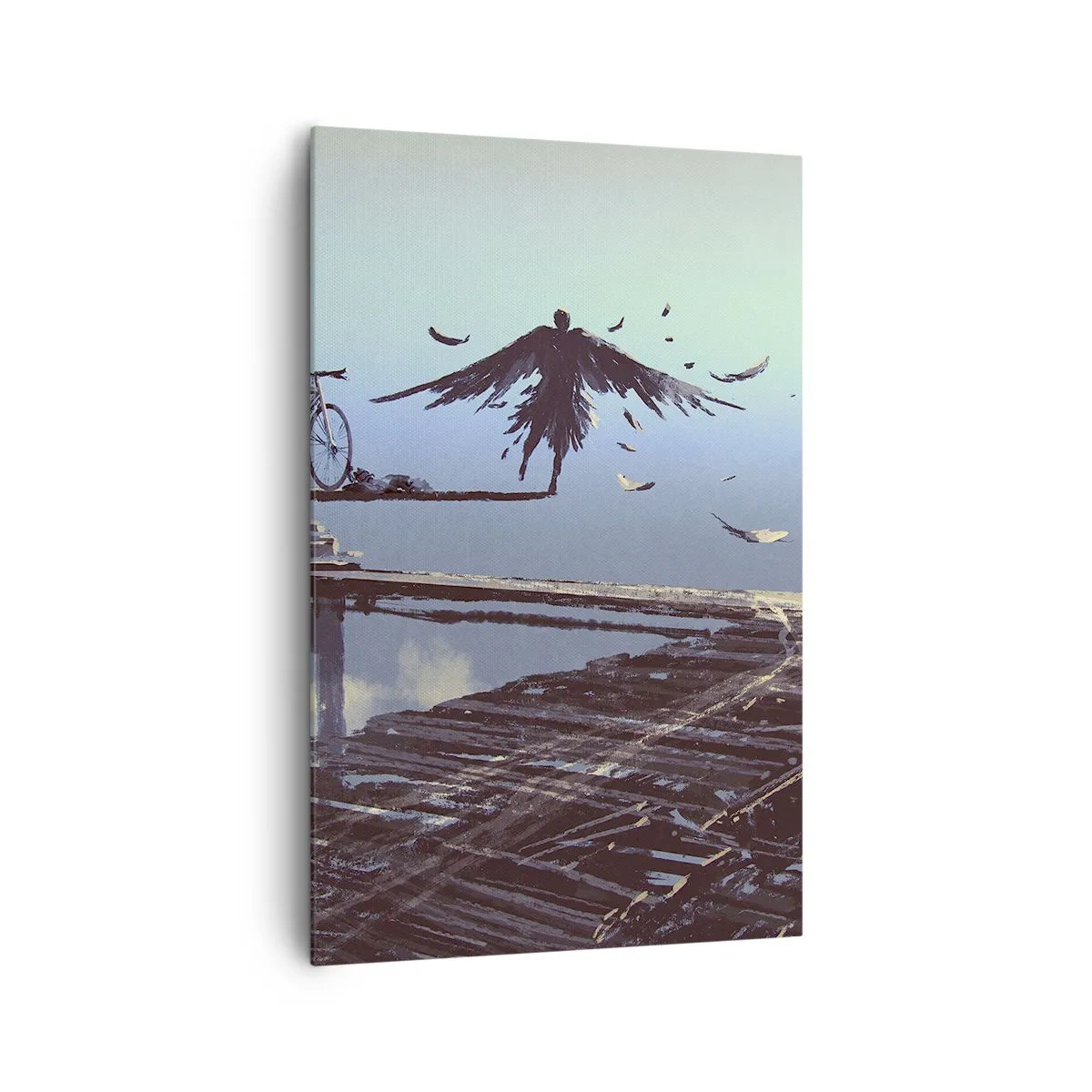 Quadro su tela - Stampe su Tela - Una figura con le piume volteggia su un ponte di legno accanto a una bicicletta. - 80x120cm - Icaro è sempre vivo - Decorazione murale moderna per soggiorno e camera da letto ARTTOR