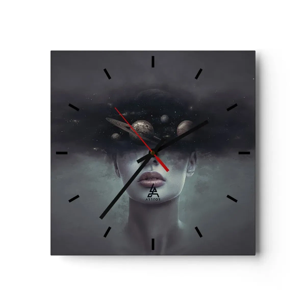 Orologio da parete - Orologio in Vetro - Volto di donna con un pianeta e un motivo spaziale sullo sfondo - 30x30cm - E i pianeti folleggiano... - Decorazione murale moderna per soggiorno e camera da letto ARTTOR