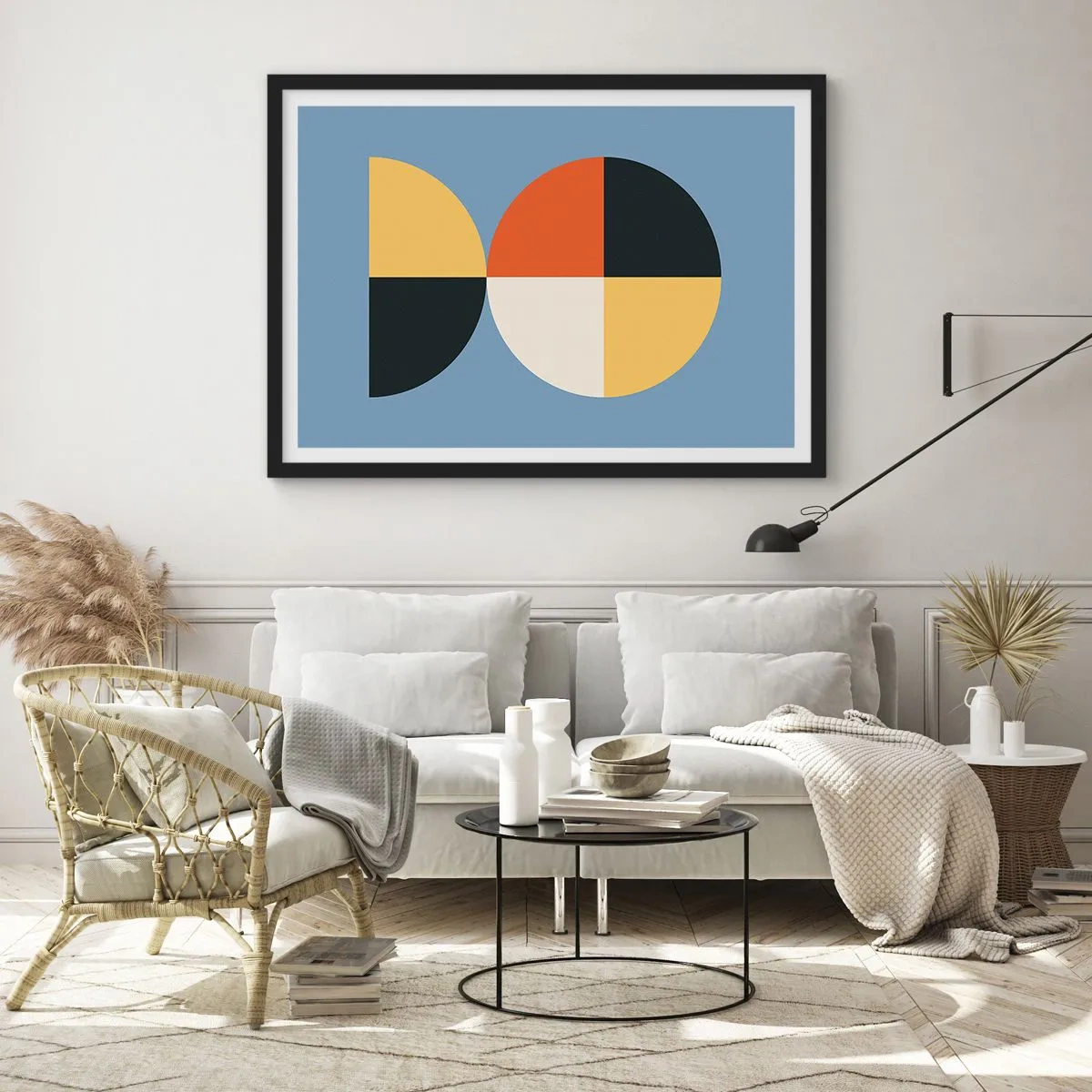 Poster in cornice nera - Cerchi geometrici su sfondo blu - 100x70cm - Guarda e conta - Decorazione murale moderna per soggiorno e camera da letto ARTTOR