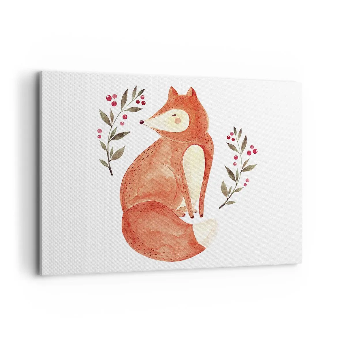 Quadro su tela - Stampe su Tela - Una volpe acquerellata circondata da ramoscelli con bacche - 100x70cm - Piccola rossa - Decorazione murale moderna per soggiorno e camera da letto ARTTOR