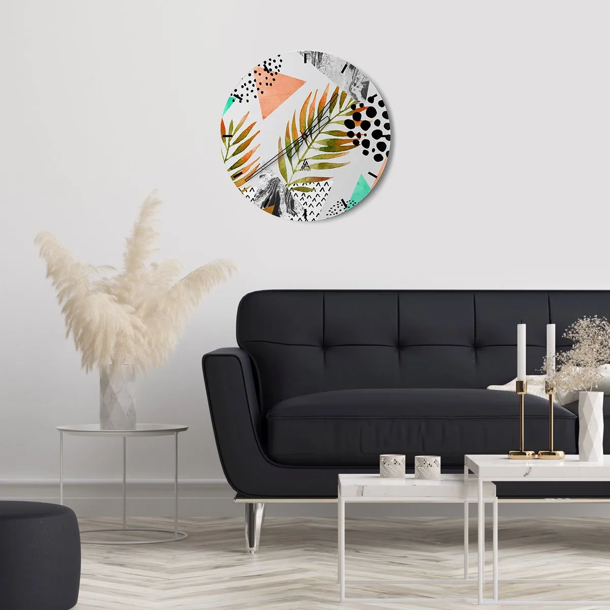 Orologio da parete - Orologio in Vetro - Geometria e foglie in stile acquerello - 30x30cm - Decorazione con foglie di palma - Decorazione murale moderna per soggiorno, cucina e camera da letto ARTTOR