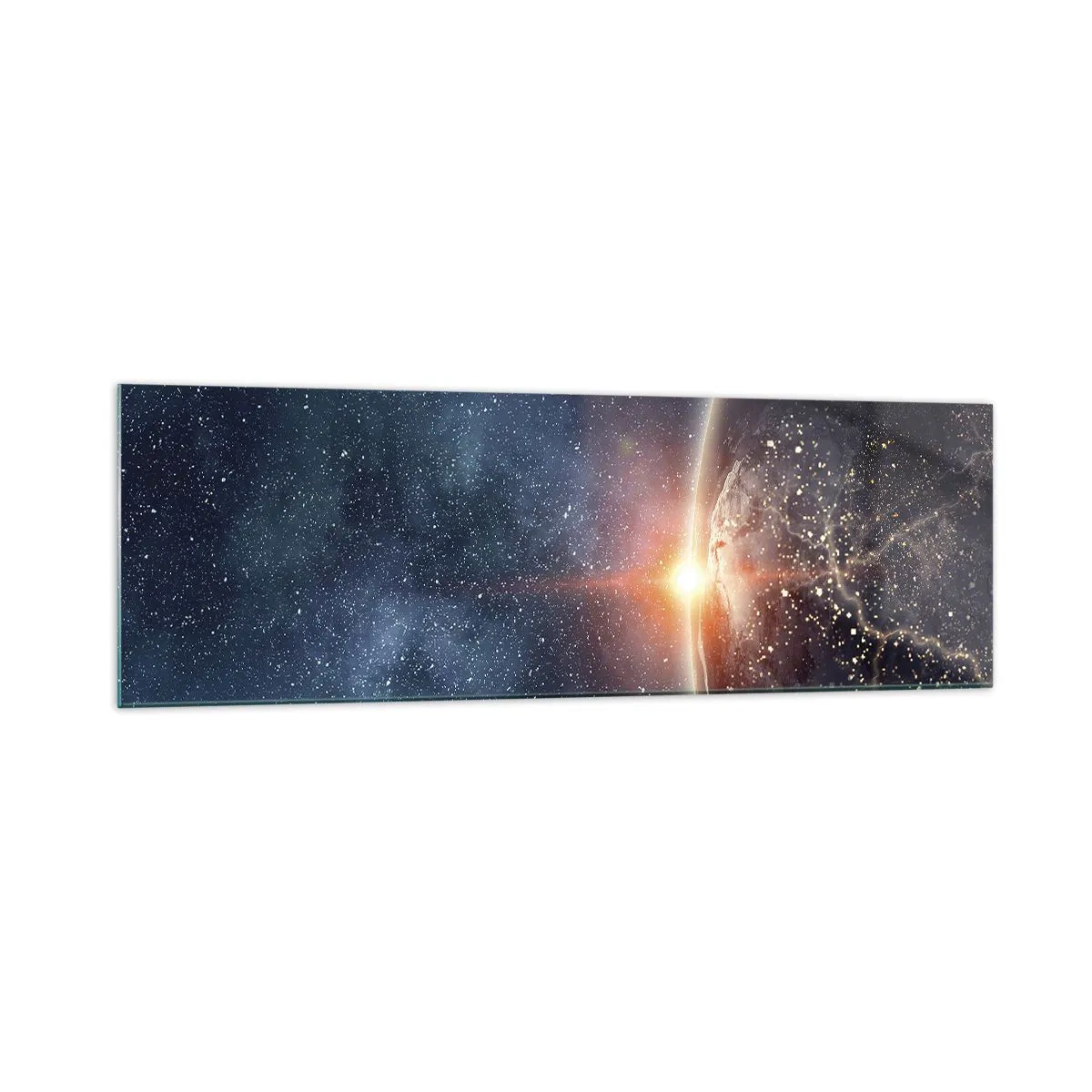 Quadro su vetro - La Terra vista dallo spazio con il sole che sorge - 160x50cm - In una nuova prospettiva - Decorazione murale moderna per soggiorno e camera da letto ARTTOR