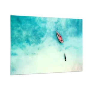 Quadro su vetro - Barche su acque azzurre in un ambiente tranquillo - 100x70cm - Nelle spiagge di Zanzibar, quando c'è troppa acqua... - Decorazione murale moderna per soggiorno e camera da letto ARTTOR