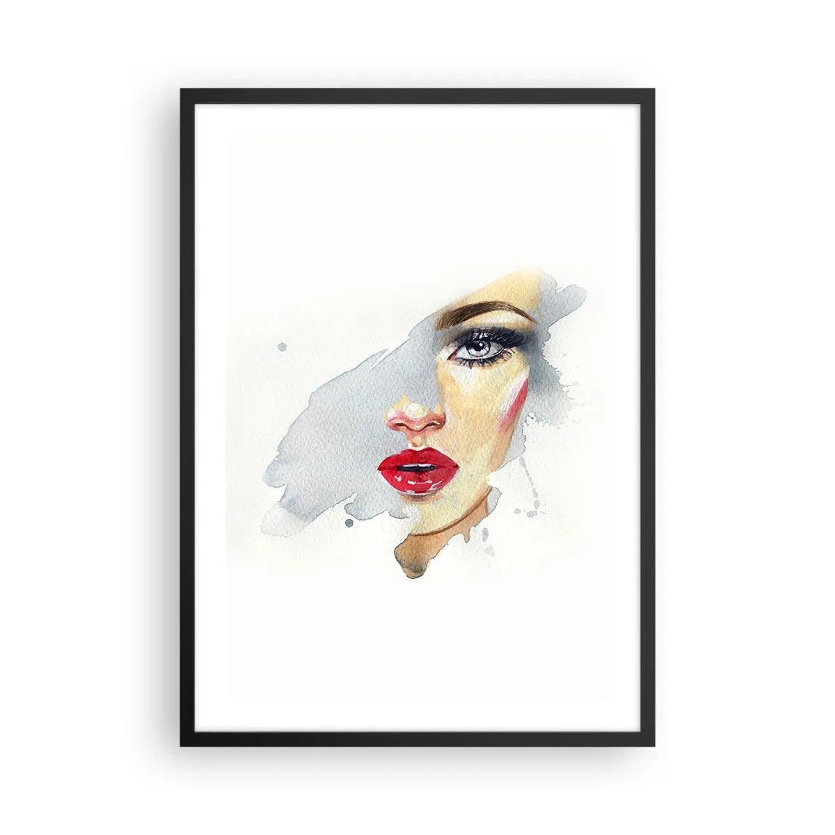 Poster in cornice nera - Ritratto ad acquerello di una donna con labbra rosse - 50x70cm - Riflesso in una goccia d'acqua - Decorazione murale moderna per soggiorno e camera da letto ARTTOR