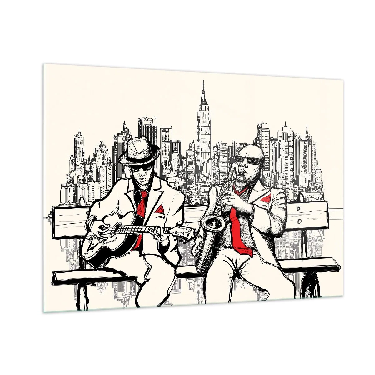 Quadro su vetro - Due musicisti jazz suonano sullo sfondo dello skyline della città - 100x70cm - Improvvisare a New York - Decorazione murale moderna per soggiorno e camera da letto ARTTOR