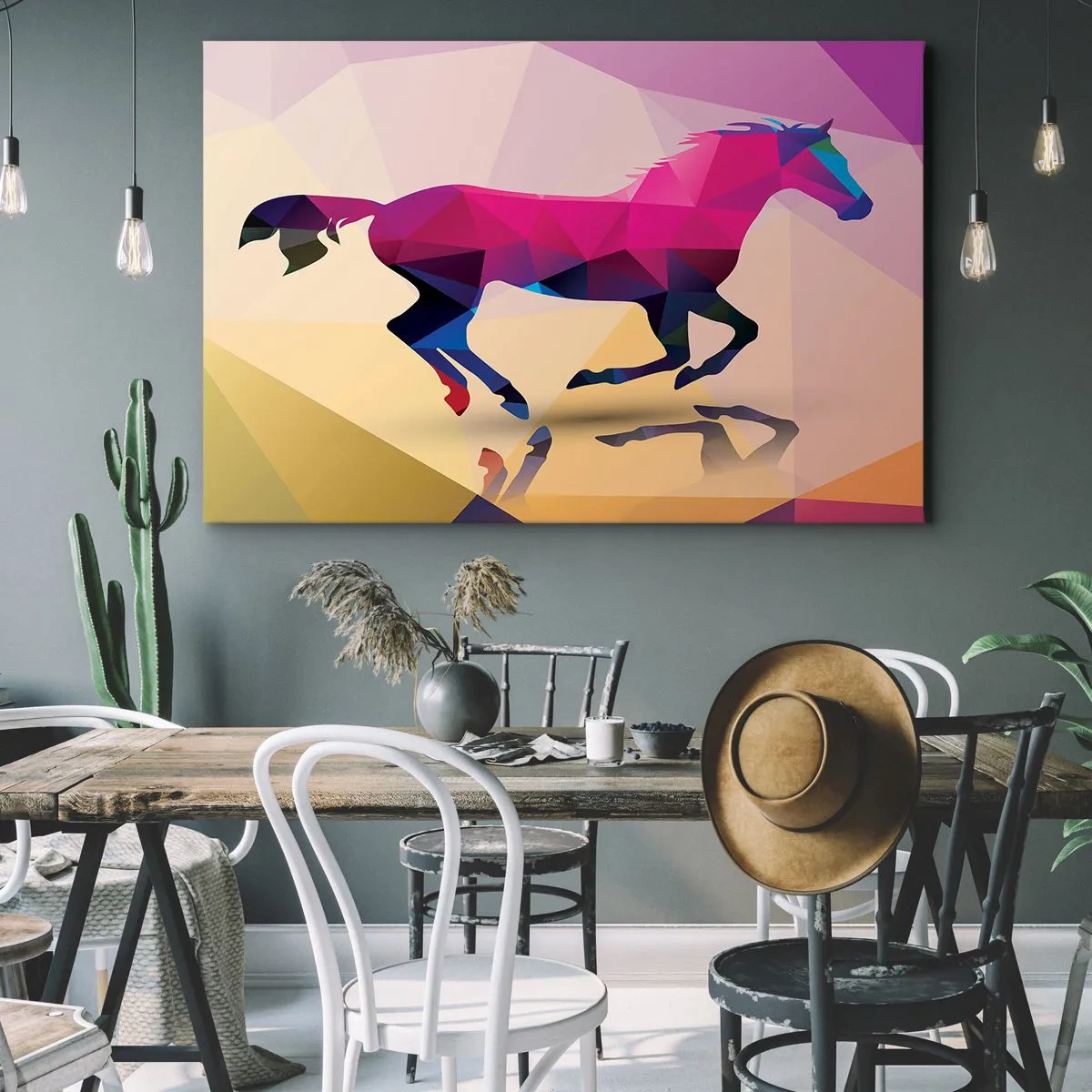 Quadro su tela - Stampe su Tela - Silhouette geometrica di un cavallo al galoppo in colori vivaci - 100x70cm - Il cubismo è sempre vivo - Decorazione murale moderna per soggiorno e camera da letto ARTTOR