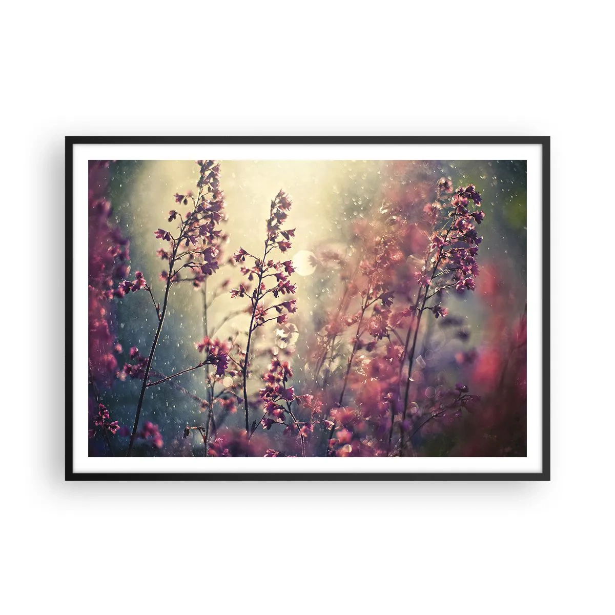 Poster in cornice nera - Fiori alla luce del sole sullo sfondo della natura - 100x70cm - Giardino misterioso - Decorazione murale moderna per soggiorno e camera da letto ARTTOR