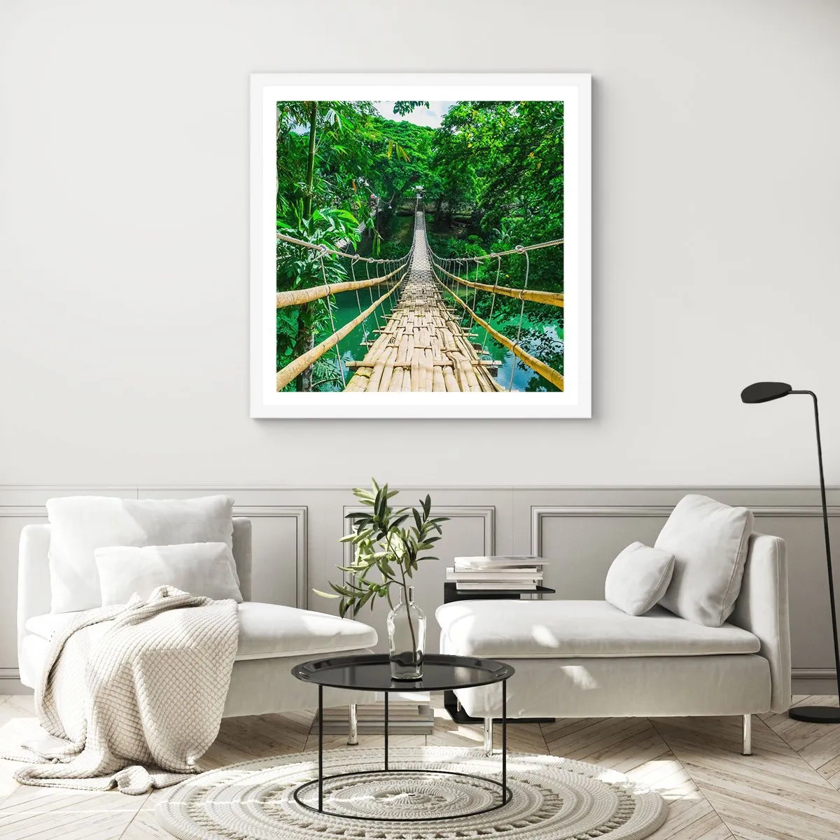 Poster in cornice bianca - Ponte sospeso sopra il verde - 50x50 cm