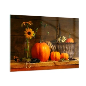 Quadro su vetro - Natura morta autunnale con zucche e fiori - 100x70cm - Composizione rustica: i doni dell'autunno - Decorazione murale moderna per soggiorno e camera da letto ARTTOR