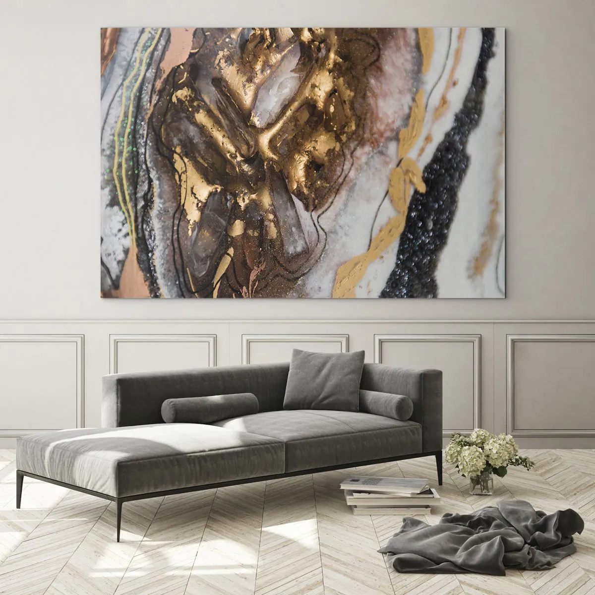 Quadro su vetro - Un dipinto astratto nei toni dell'oro, del marrone e del bianco, con una consistenza simile a quella minerale. - 70x50cm - L'elemento della terra - Decorazione murale moderna per soggiorno e camera da letto ARTTOR